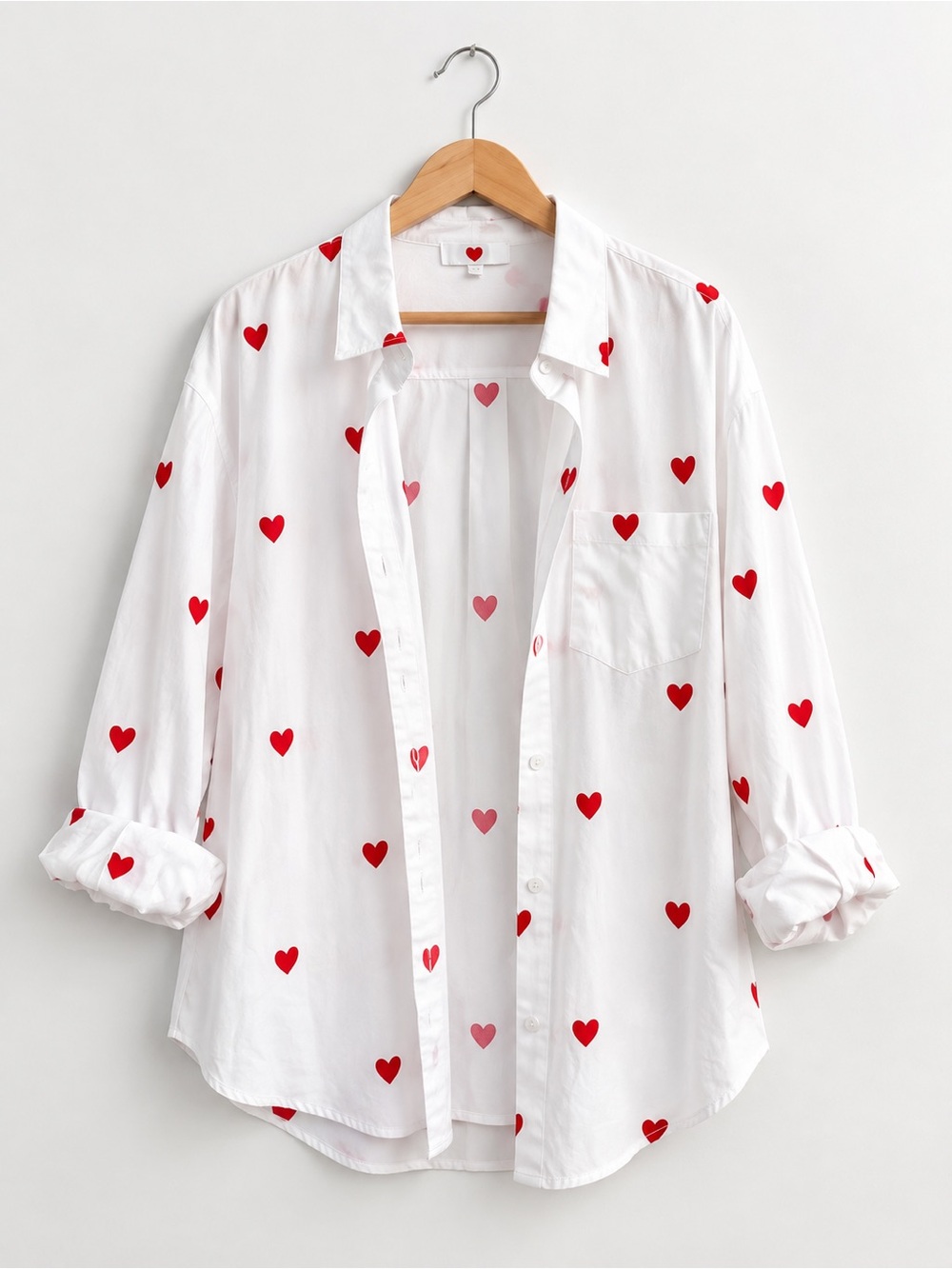 White & Red Heart Oversized Button-Up Shirt | L | NWT